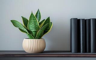 AI generated A potted snake plant adds a touch of greenery to a minimalist shelf arrangement photo