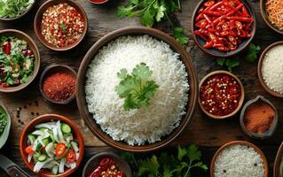 AI generated A bowl of cooked white rice surrounded by an assortment of vibrant spices and herbs photo