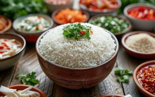 ai generado un cuenco de cocido blanco arroz rodeado por un surtido de vibrante especias y hierbas foto