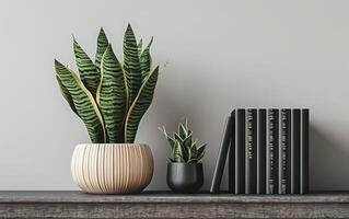 AI generated A potted snake plant adds a touch of greenery to a minimalist shelf arrangement photo