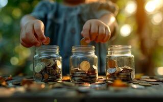 ai generado un niño manos cuidadosamente colocación monedas dentro vaso frascos, simbolizando temprano financiero educación foto