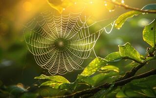 AI generated Dew-Kissed Spiderweb at Sunrise photo