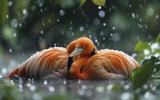 AI generated Tranquil Rain with Flamingo photo