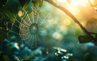 AI generated Dew-Kissed Spider Web in Morning Light photo