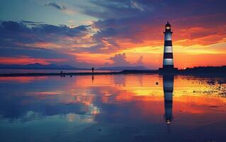 ai generado sereno puesta de sol a el faro foto