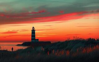 AI generated Serene Sunset at the Lighthouse photo