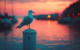 ai generado sereno Gaviota a puesta de sol puerto foto