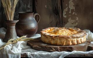 AI generated A classic pie rests on a wooden slab, with the glow of morning light illuminating its golden crust photo