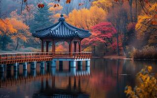 ai generado otoño serenidad a un orilla del lago pabellón foto