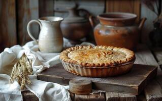 AI generated A classic pie rests on a wooden slab, with the glow of morning light illuminating its golden crust photo