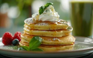 AI generated Gourmet Pancake Stack with Berries photo