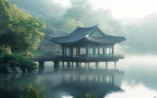 AI generated Serene Lakeside Pavilion in Mist photo