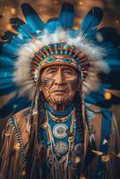 ai generado real nativo americano mayor con tradicional tocado foto