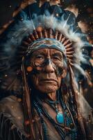 ai generado real nativo americano jefe en tradicional atuendo foto