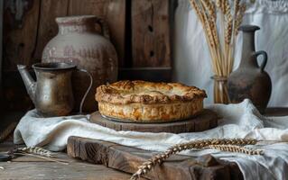 AI generated A classic pie rests on a wooden slab, with the glow of morning light illuminating its golden crust photo