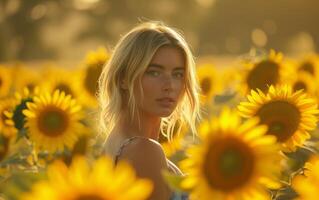 ai generado puesta de sol resplandor terminado girasol campo con mujer foto