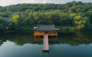 AI generated Tranquil Lakeside Pavilion photo