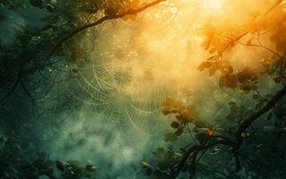 AI generated Mystical Forest Dawn with Spiderweb photo
