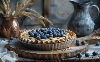 AI generated Fresh Blueberry Pie on Rustic Kitchen Table photo