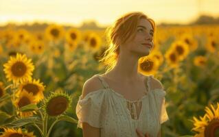 ai generado dorado hora resplandor en girasol campo foto