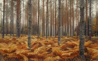 AI generated The forest stands in muted silence, its floor a carpet of russet ferns photo