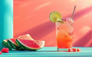 AI generated Summery Refreshment Citrus Drink and Watermelon photo