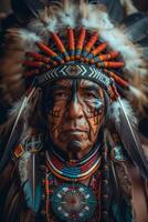 ai generado retrato de un hombre en tradicional nativo americano atuendo foto