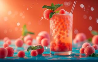 AI generated Icy cocktail with watermelon and frozen berries, garnished with fresh mint photo