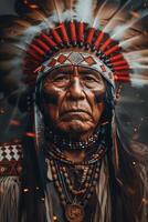 ai generado mayor nativo americano en tradicional atuendo foto
