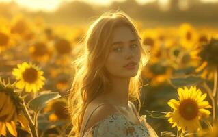 AI generated Golden Hour Serenity in Sunflower Field photo