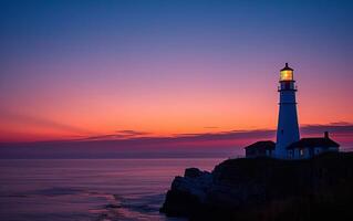 ai generado un faro soportes centinela en contra un espectacular largo exposición crepúsculo cielo foto