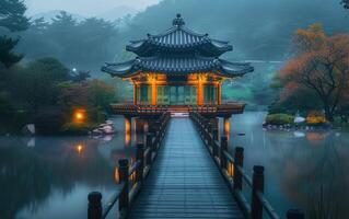 AI generated Tranquil Asian Pavilion on Misty Lake at Twilight photo