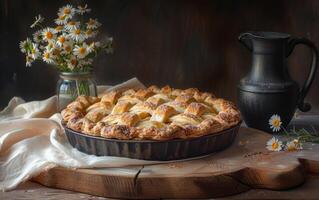 AI generated Rustic Apple Pie with Fresh Daisies photo