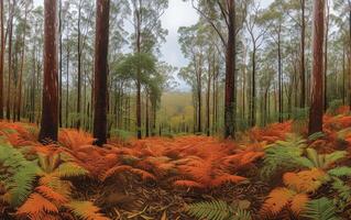 AI generated The forest stands in muted silence, its floor a carpet of russet ferns photo