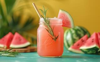 AI generated Refreshing Watermelon Drink in Mason Jar photo