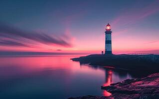 ai generado un faro soportes centinela en contra un espectacular largo exposición crepúsculo cielo foto