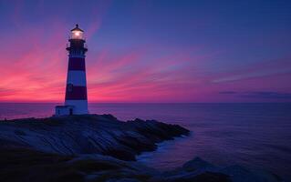 ai generado un faro soportes en contra un fascinante puesta de sol cielo de profundo rosas y blues foto