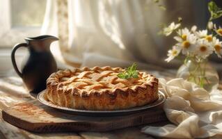 AI generated Homemade Pie in Rustic Kitchen Setting photo