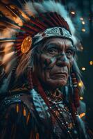 AI generated An esteemed Native American elder, adorned with a traditional headdress and regalia photo