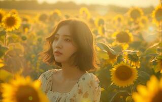 ai generado puesta de sol resplandor terminado girasol campo con mujer foto