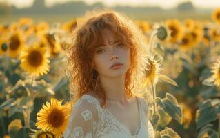 AI generated A woman with curly red hair stands amidst a sunflower field photo