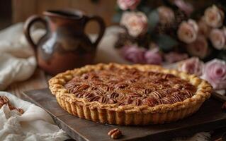 AI generated A freshly baked pecan pie exudes homespun charm, set against a backdrop of soft roses photo