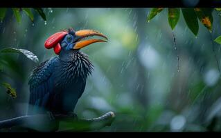 AI generated a striking hornbill with vivid plumage rests gracefully on a branch photo