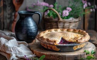 AI generated Rustic Berry Pie on Wooden Table photo