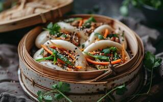 AI generated A bowl of food with a lot of vegetables and sesame seeds photo