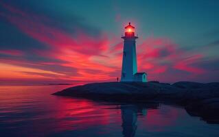 ai generado un faro soportes centinela en contra un espectacular largo exposición crepúsculo cielo foto