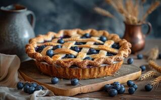 AI generated Rustic Blueberry Pie on Wooden Table photo