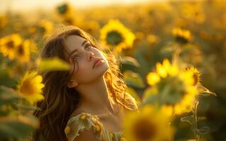 AI generated Serene Sunset Amidst Sunflowers photo