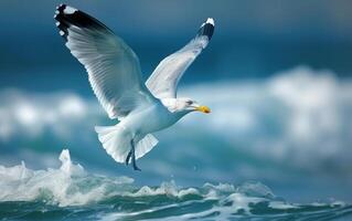 AI generated A seagull glides over the churning sea, a masterful display of avian grace and freedom photo