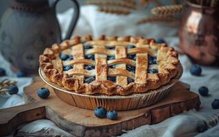 AI generated Homemade Blueberry Pie on Wooden Table photo